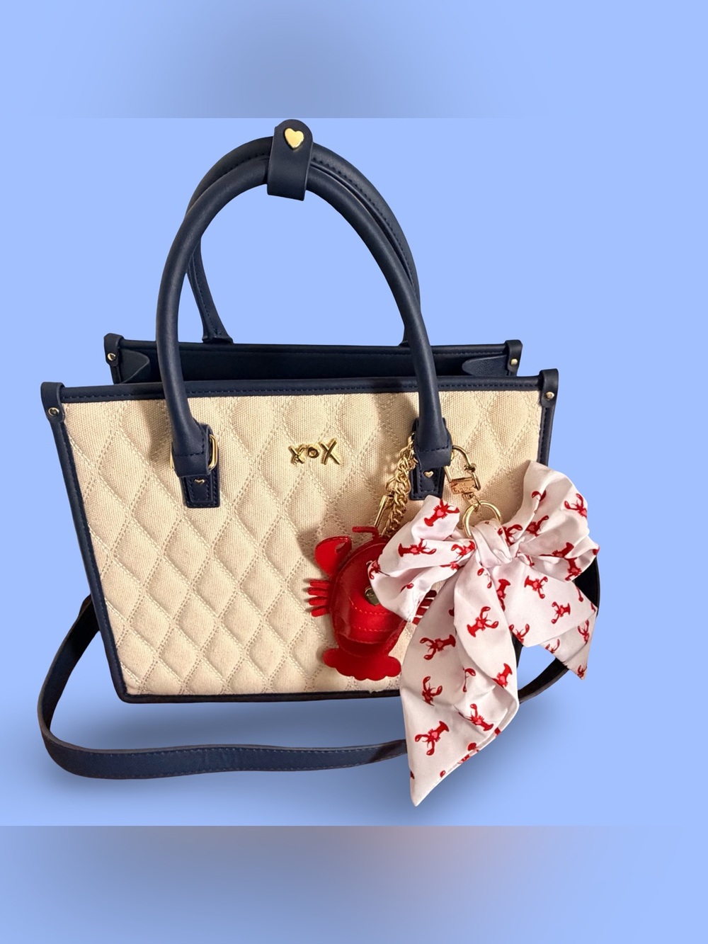 Betsey Johnson Quilted Cream and Navy Tote Handbag with Red Lobster
